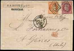 Let N°48 40c. Orange Jolie Nuance Vermillon Et N°32 80c. Carmin, Obl. GC 2240 S. LAC, Càd Marseille 3/3/71, Arr. GENOVA - 1849-1876: Période Classique