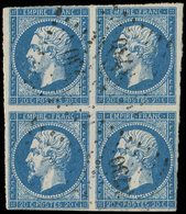 N°14A 20c. Bleu, BLOC De 4, 2 Ex. Filet Touché, Obl. PC 3730 De MOSTAGANEM, B/TB - 1849-1876: Période Classique