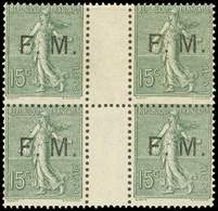 ** 3    15c. Vert-olive, BLOC De 4 Interp., Ch. Sur Paire Supérieure, TB - Timbres De Franchise Militaire