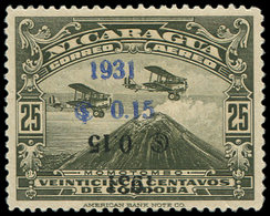 * NICARAGUA PA 13 : 0,15 Sur 25c. Gris-olive, DOUBLE Surcharge BLEUE Et NOIRE, Dont Une RENVERSEE, TB - Nicaragua