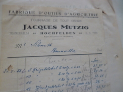 Facture + 1 Reçu Jacques Mutzig Hochfelden Fabrique D'outils Agriculture - 1900 – 1949