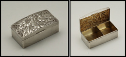 Boîte En Argent, Fleur En Relief En Décor, Intérieur Vermeil, 2 Comp., 75x40x30mm. - TB - Stamp Boxes