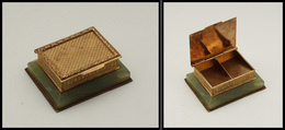 Boîte En Bronze Doré, Socle Marbre Vert, 2 Comp., 75x60x25mm. - TB - Stamp Boxes