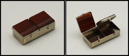 Boite En Agate Et Métal Argenté, 2 Comp. Avec Ouverture Individuelle, 55x25x15mm. - TB - Stamp Boxes