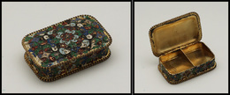 Boîte En émail Et Bronze Doré, Décor Multicolore, Marquée N°400, 2 Comp., 70x44x17mm. - TB - Stamp Boxes