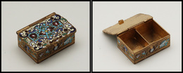 Boîte En émail Et Bronze Doré, Décor Dominante Fleurs Bleues, 2 Comp., 65x35x20mm. - TB - Stamp Boxes