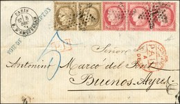 Etoile 18 / N° 56 (paire) + 57 (bande De 3) Càd R. D'AMSTERDAM Sur Lettre 3 Ports Pour Buenos Ayres (Argentine), Taxe 5 - 1871-1875 Cérès