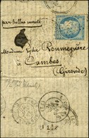 Etoile 35 / N° 37 Càd PARIS / MINISTERE DES FINANCES 18 NOV. 70 4e Levée Sur Lettre Pour Cambes (Gironde). Au Verso, Càd - Guerra De 1870