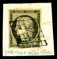 O N°3c, 20c Gris-noir Sur Petit Fragment, Très Jolie Nuance, TTB (signé Calves/certificat)  Cote: 500 Euros  Qualité: O - 1849-1850 Cérès