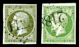 O N°11/12, 1c Olive Et 5c Vert: Les 2 Ex Obl GC, TB  Cote: 235 Euros  Qualité: O - 1853-1860 Napoleon III