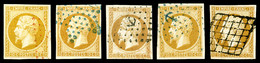O 10c Bistre: Ensemble D'oblitérations Sur 5 Exemplaires (PC Rouge, étoile Bleue, Grille Et Ancres), TTB  Cote: 485 Euro - 1853-1860 Napoléon III