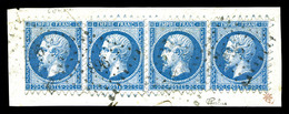 O N°14B, 20c Bleu En Bande De Quatre 'PIQUAGE DE CLAMECY', Obl PC '896' Sur Son Support. R.R. (signé Calves/certificat) - 1853-1860 Napoleon III