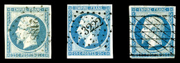 O N°15, 25c Bleu, 3 Exemplaires Avec Nuances Et Obl Differentes. B/TB  Cote: 870 Euros  Qualité: O - 1853-1860 Napoléon III