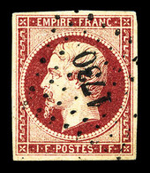 O N°18, 1F Carmin, Oblitération PC, Infime Froissure, Jolie Pièce, TB (certificat)  Cote: 3250 Euros  Qualité: O - 1853-1860 Napoléon III