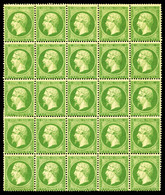 ** N°20g, 5c Vert Jaune Sur Verdâtre En Bloc De 25 Exemplaires (8ex*), Fraîcheur Postale. SUPERBE. R.R.R (certificat) - 1862 Napoleon III