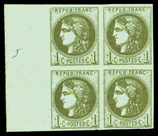 ** N°39A, 1c Olive Report I En Bloc De Quatre Bdf (1ex*), Fraîcheur Postale, SUPERBE (certificat)     Qualité: ** - 1870 Bordeaux Printing