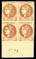 ** N°40A, 2c Chocolat Clair Report 1 En Bloc De Quatre Bord De Feuille (2ex*), Fraîcheur Postale, SUPERBE. R.R (signé Ca - 1870 Emission De Bordeaux