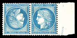 * N°60Ab, 25c Bleu En Paire Tête-bêche, Bord De Feuille Latéral, Grande Fraîcheur, Exceptionnelle Qualité. SUPERBE. R.R. - 1871-1875 Cérès
