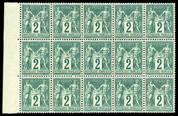** N°74, 2c Vert Type II, Bloc De 15 Exemplaires Bdf Latéral, Fraîcheur Postale, Très Bon Centrage, SUPERBE (certificat) - 1876-1878 Sage (Type I)