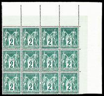 ** N°74, 2c Vert Type II, Bloc De Douze Coin De Feuille, Fraîcheur Postale, Très Bon Centrage, SUPERBE (certificat) - 1876-1878 Sage (Type I)