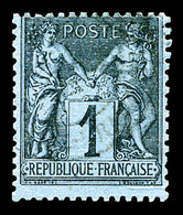 O N°84, 1c Noir Sur Bleu De Prusse, Oblitération Très Légère, Très Jolie Pièce, SUPERBE (signé Brun/certificats)   Cote: - 1876-1878 Sage (Type I)