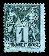 O N°84, 1c Noir Sur Bleu De Prusse, Oblitération Légère, Restauré, Belle Présentation (certificat)  Cote: 6000 Euros  Qu - 1876-1878 Sage (Type I)