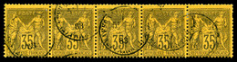 O N°93, 35c Violet-noir S Jaune, Bande De 5 (1 Dent Courte). TB  Cote: 400 Euros  Qualité: O - 1876-1878 Sage (Type I)