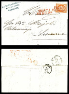 O N°23, 40c Orange Obl 'FRANCIA VIA DE MARE' En Rouge Sur Lettre De Marseille Le 2 Mars 65, Arrivée à Livourne Le 5 Mars - 1849-1876: Période Classique