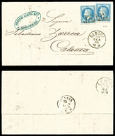 O N°29B, 20c Lauré X2 Exemplaires Obl 'FRANCIA VIA DI MARE' Sur Lettre De Marseille Le 26 Janv 69, Càd Genova Du 28 Janv - 1849-1876: Période Classique