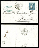 O N°44B, 20c Bleu Type I Rep 2 Sur Lettre D'Aix En Provence à Destination De Marseille, TB (certificat)  Cote: 1400 Euro - 1849-1876: Période Classique