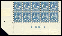 ** N°114, 25c Bleu Type I En Bloc De 10 Exemplaires Bas De Feuille Avec Numéro, Très Bon Centrage, R.R.R (certificat) - 1900-02 Mouchon