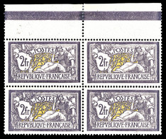 ** N°122, Merson, 2F Violet Foncé Et Jaune En Bloc De Quatre Haut De Feuille, Fraîcheur Postale. SUPERBE. R.R.R (certifi - 1900-02 Mouchon