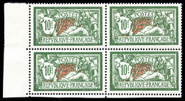 ** N°207, Merson, 10F Vert Et Rouge En Bloc De Quatre Coin De Feuille, Très Bon Centrage, SUPERBE (certificat)  Cote: 20 - 1900-02 Mouchon