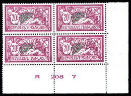 ** N°208, Merson, 20F Lilas-rose Foncé Et Vert-bleu En Bloc De Quatre Coin De Feuille Numéroté, Très Bon Centrage, SUP ( - 1900-02 Mouchon