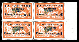 ** N°257A, Exposition Philatélique Du Havre De 1929, Bloc De Quatre Bdf, Très Frais. TTB (certificat)   Cote: 6400 Euros - 1900-02 Mouchon