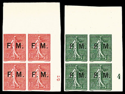 (*) N°3/4, 15c Vert Et 10c Rose En Blocs De Quatre Coins De Feuilles Avec Millésimes Non Dentelés, TTB (signés Brun/cert - Timbres De Franchise Militaire