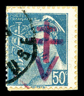 O N°4, AHUN (creuse), 50c Turquoise Surcharge Rouge. TTB (signé Mayer)  Cote: 450 Euros  Qualité: O - Libération