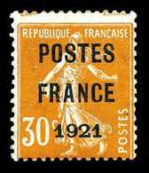 (*) N°35, 30c Orange Surchargé 'POSTE FRANCE 1921', RARE Et SUPERBE (signé/certificat)   Cote: 6500 Euros  Qualité: (*) - 1893-1947