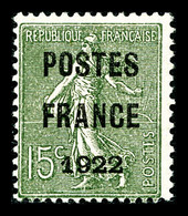 (*) N°37, 15c Olive Surchargé 'POSTE FRANCE 1922', TB (certificat)  Cote: 650 Euros  Qualité: (*) - 1893-1947