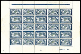 ** N°123a, 5F Bleu Et Olive En Feuille De 25 Exemplaires Avec Numéro Et Croix De Repère, Fraîcheur Postale, R.R.R (certi - Feuilles Complètes