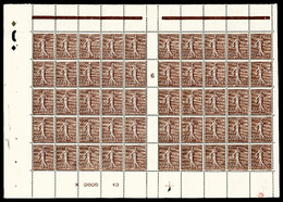 ** N°131c, Semeuse 20c Chocolat (1906) En Panneau Complet De 50 Exemplaires Bas De Feuille. SUPERBE. R.R.R (certificat) - Feuilles Complètes