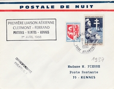 Nantes à Rennes - 1er Vol 1968 - Aéropostale De Nuit - 1960-.... Briefe & Dokumente