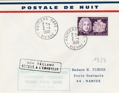 Poitiers à Nantes - 1er Vol 1968 - Aéropostale De Nuit - 1960-.... Covers & Documents