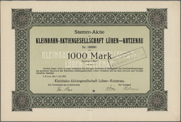 Thematik: Eisenbahn / Railway: 1921: DEUTSCHLAND, Kleinbahn-AG Lüben-Kotzenau Lüben 1921, Stamm-Aktie 1000 M. Dekorative - Treni