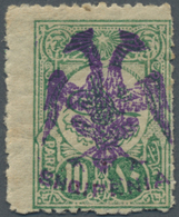** Albanien: 1913, Double Headed Eagle Overprints, 10pa. Green With VIOLET Overprint, Unmounted Mint. Certificate - Albanien