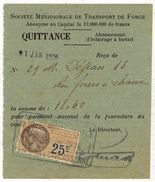 NARBONNE AUDE Année 1913 Quittance Société Méridionale De Transport De Force Pour Mr DEJEAN Boucher - Historical Documents