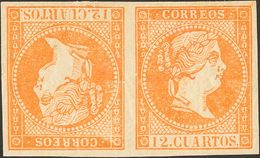 ISABEL II. Isabel II. 11 De Abril De 1856. Papel Blanco. ** NE1e. 12 Cuartos Naranja, En Pareja CAPICUA (perteneciente A - Andere & Zonder Classificatie