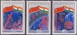 USSR Russia 1984 India Intercosmos Cooperative Space Program Weather Station Rocket Flags Stamps MNH Michel 5371-5373 - Francobolli