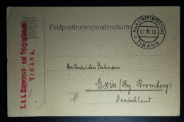 AUSTRIA: KuK Postcard Etappenpost Albanie Tirana 1916 To Bromberg    Censor Cancel - Lettres & Documents