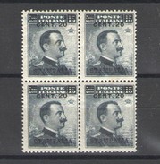 EGEO STAMPALIA 1916 20 CENTESIMI SU  15 CENTESIMI QUARTINA ** MNH - Egeo (Stampalia)